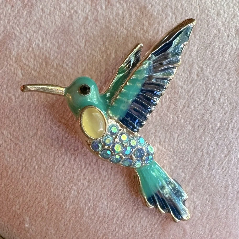 Turquoise, Blue & Yellow Hummingbird Brooch Pin Crystals Rhinestones & Enamel - Picture 4 of 12